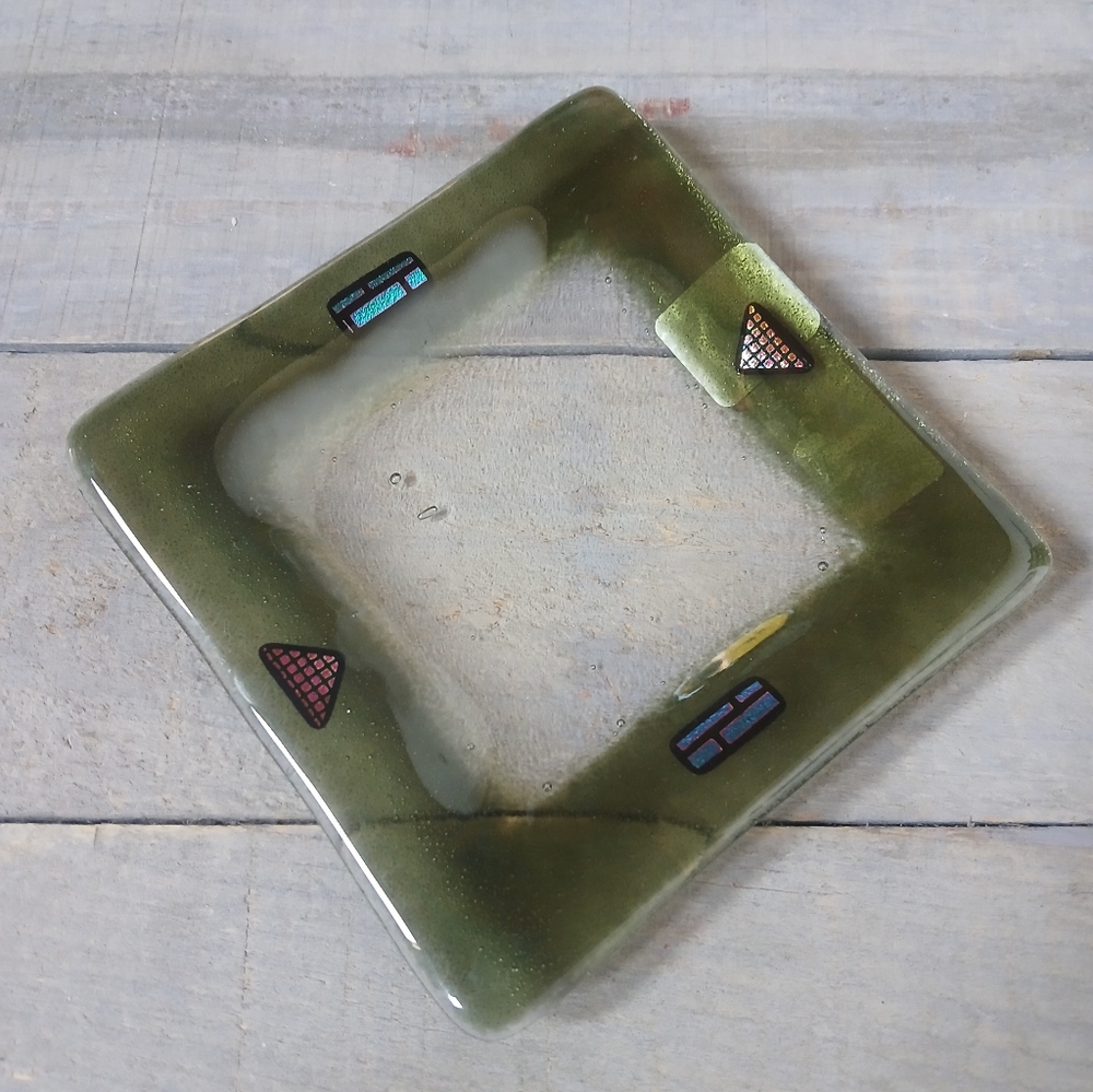 Kiln Art Fused Glass & Dichroic Trinket Dish Tray Signed